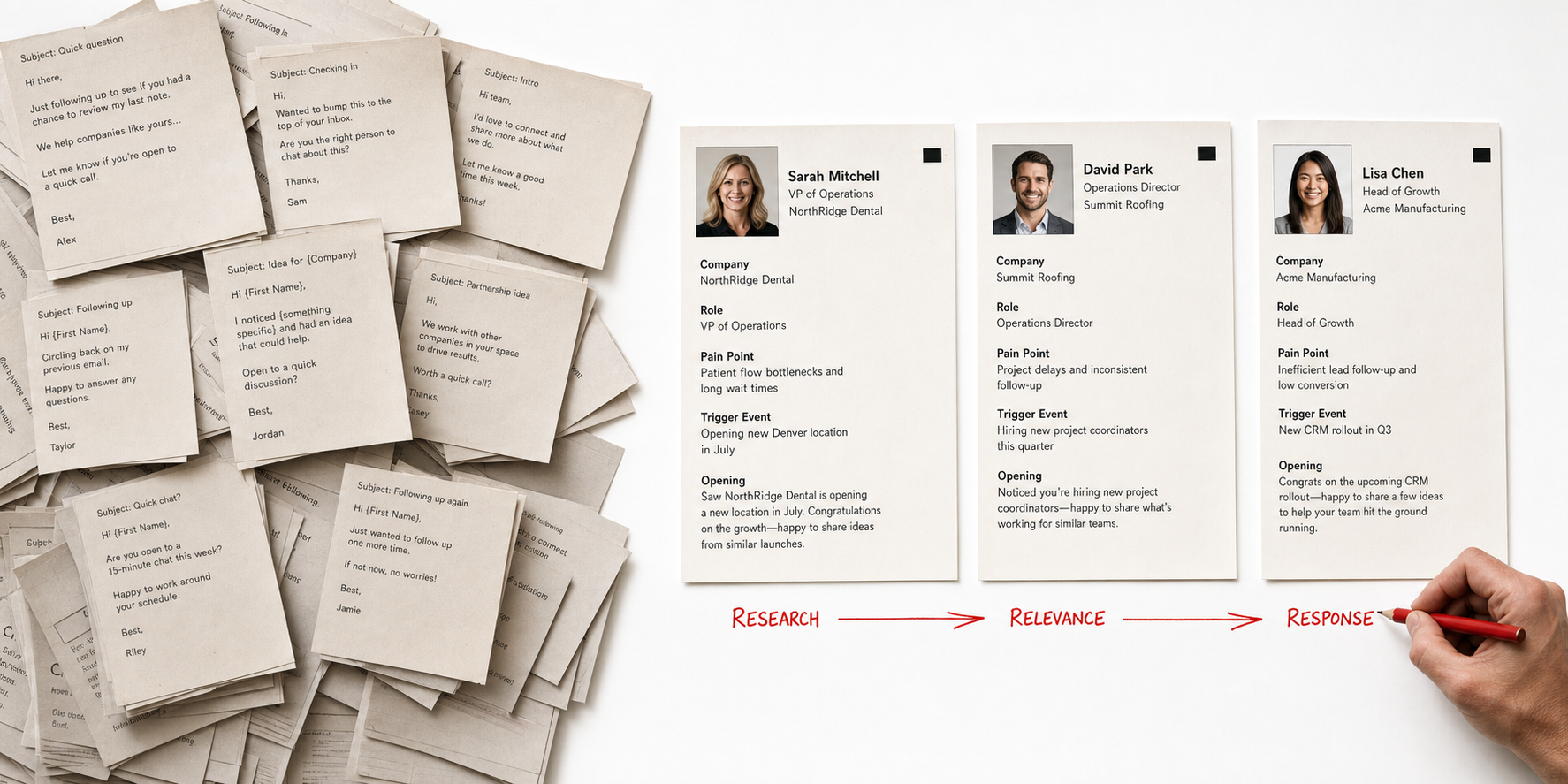 Generic cold email templates compared with researched prospect dossiers
