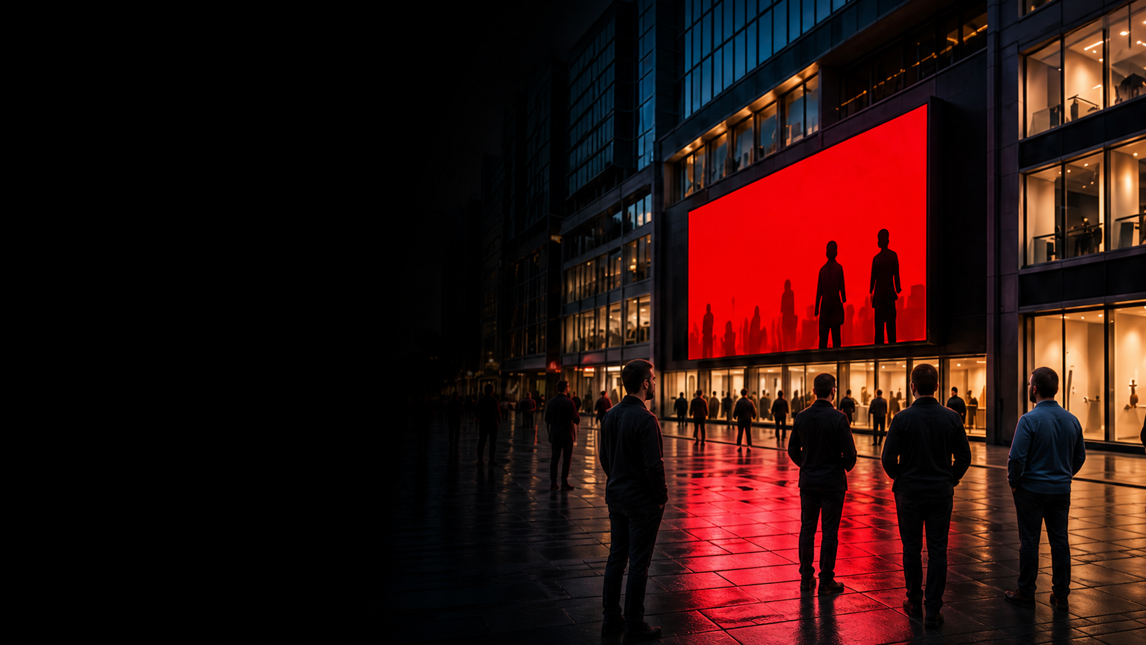 Businesspeople approaching a brilliant red media display