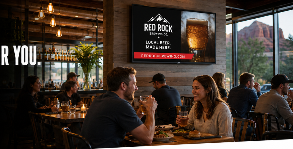 Busy local restaurant with an Adventure Media campaign playing on the venue television