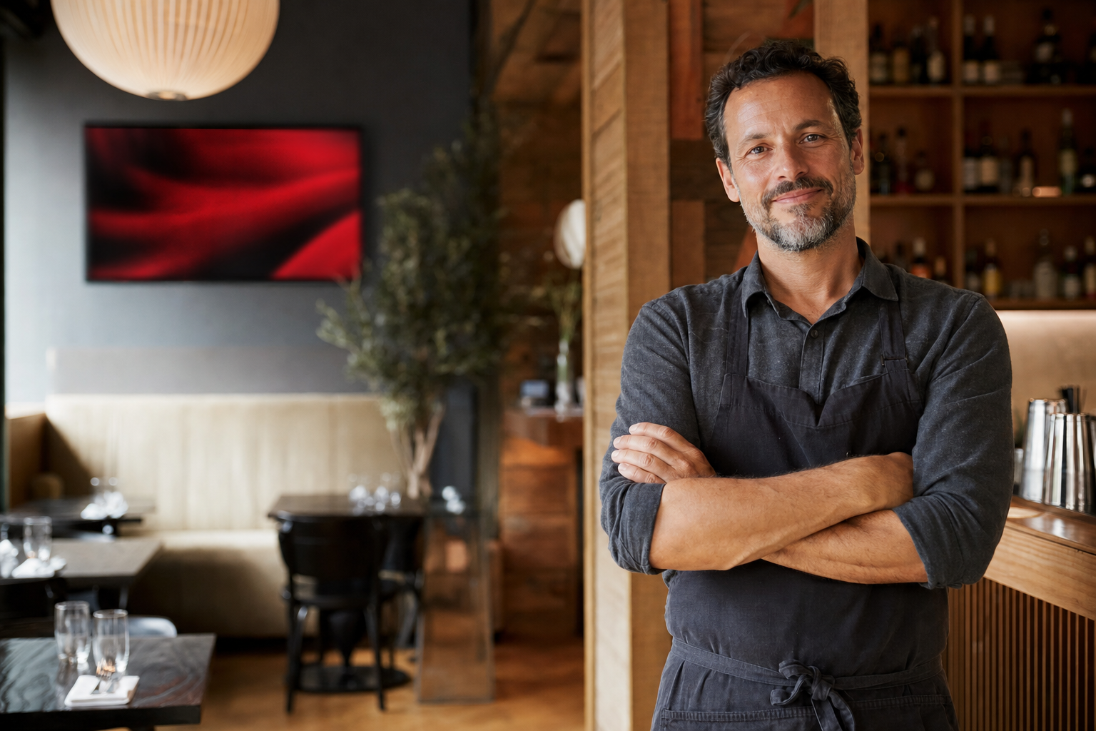 Local restaurant owner standing confidently inside his venue
