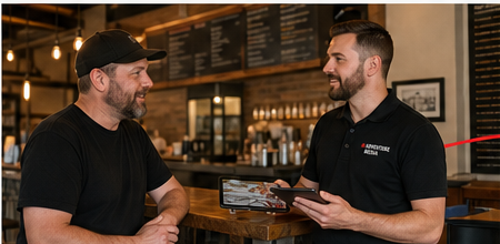 Adventure Media representative reviewing the Ambassador program with a venue owner