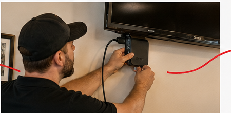 Technician connecting an existing television to the network