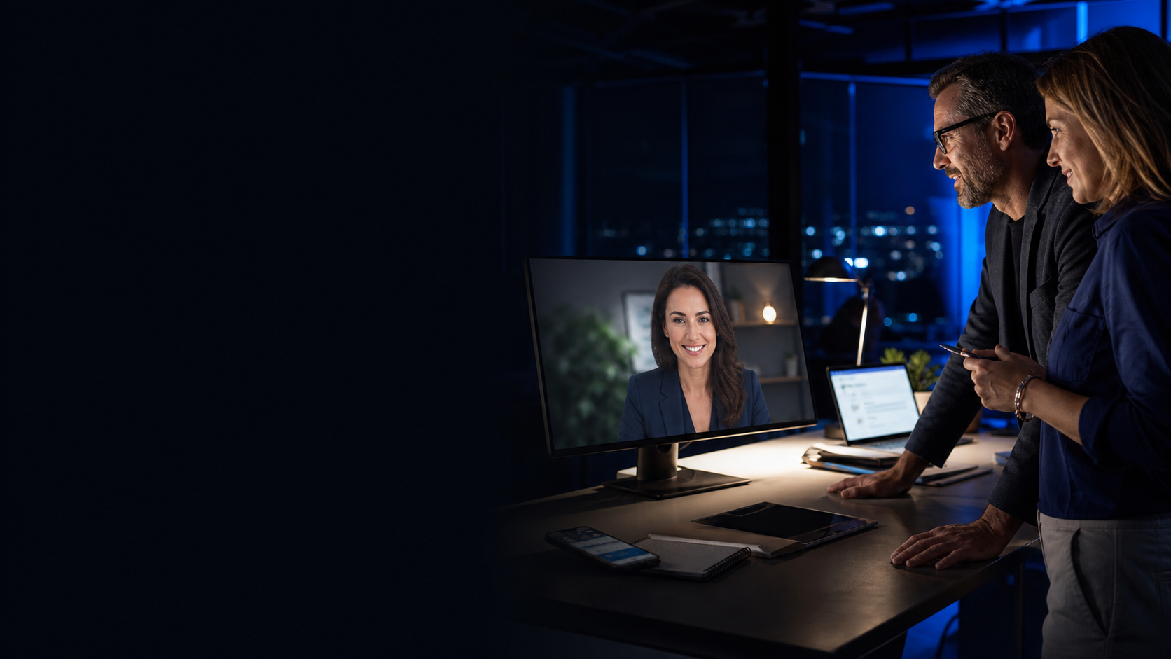 A business team working with Sophie, Adventure Media's conversational AI assistant