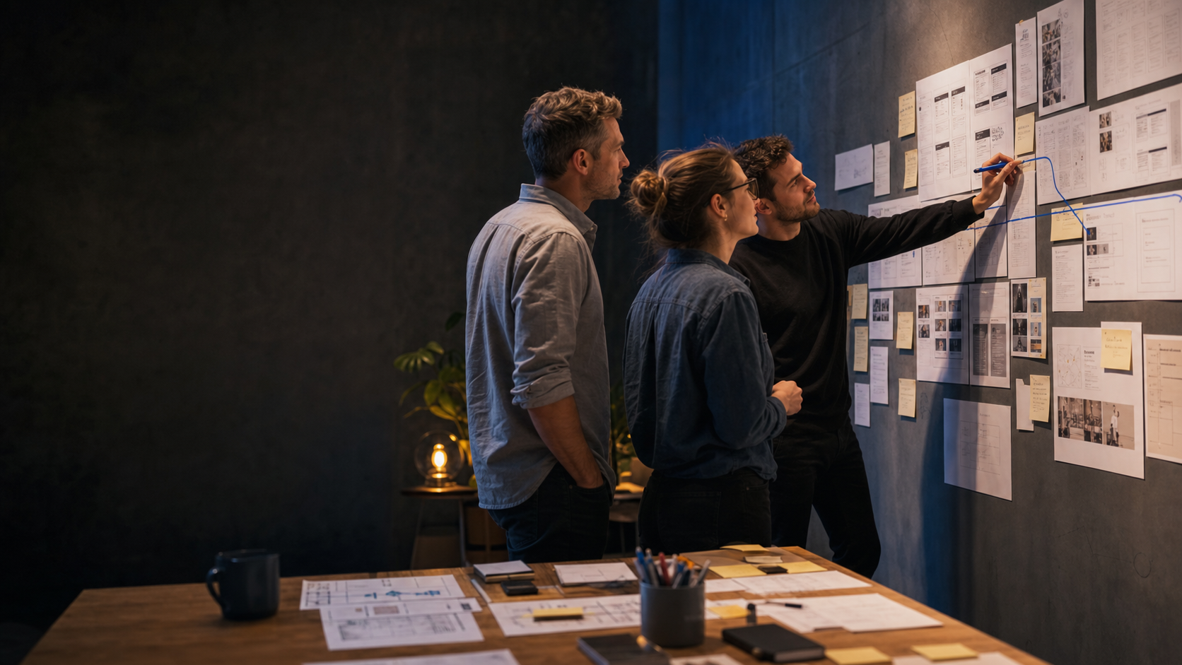 A team designing an AI business journey before automation