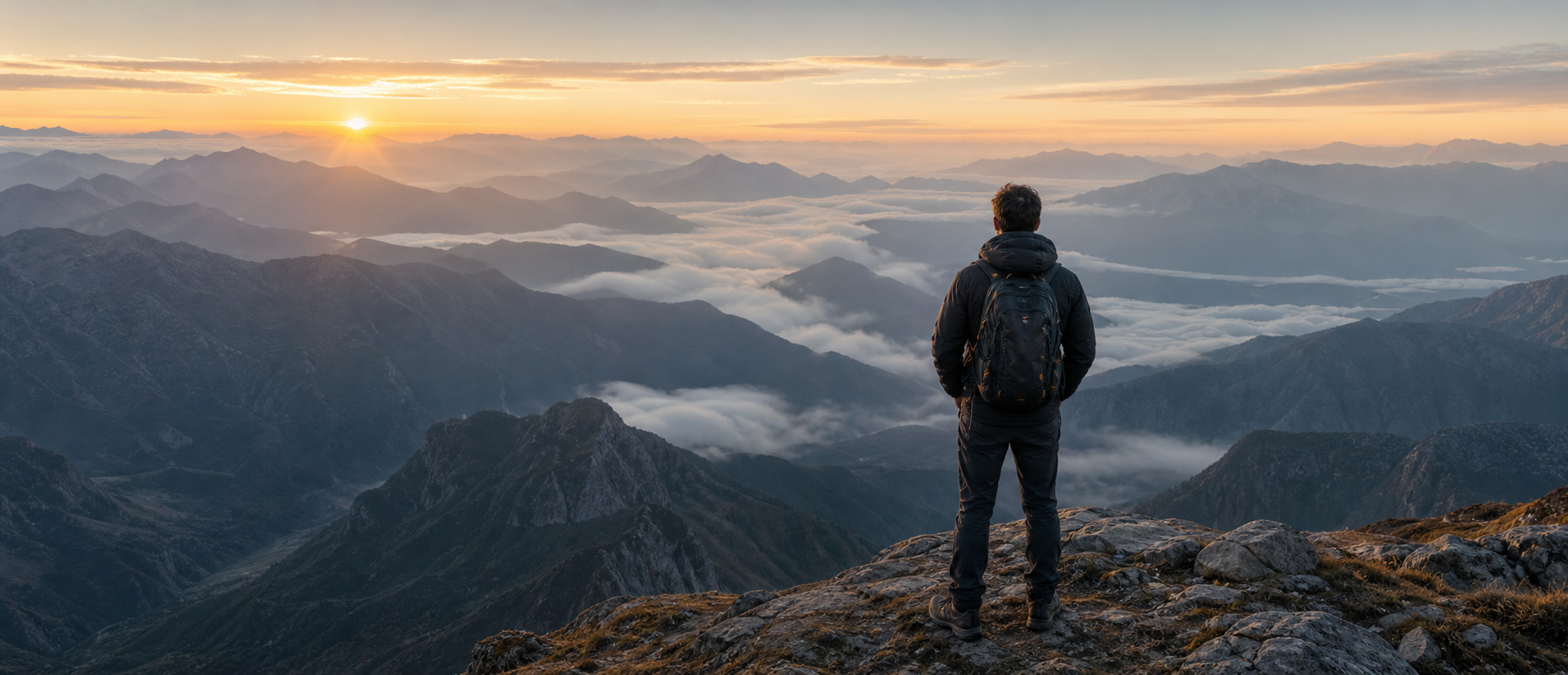 Hiker overlooking mountains at sunrise