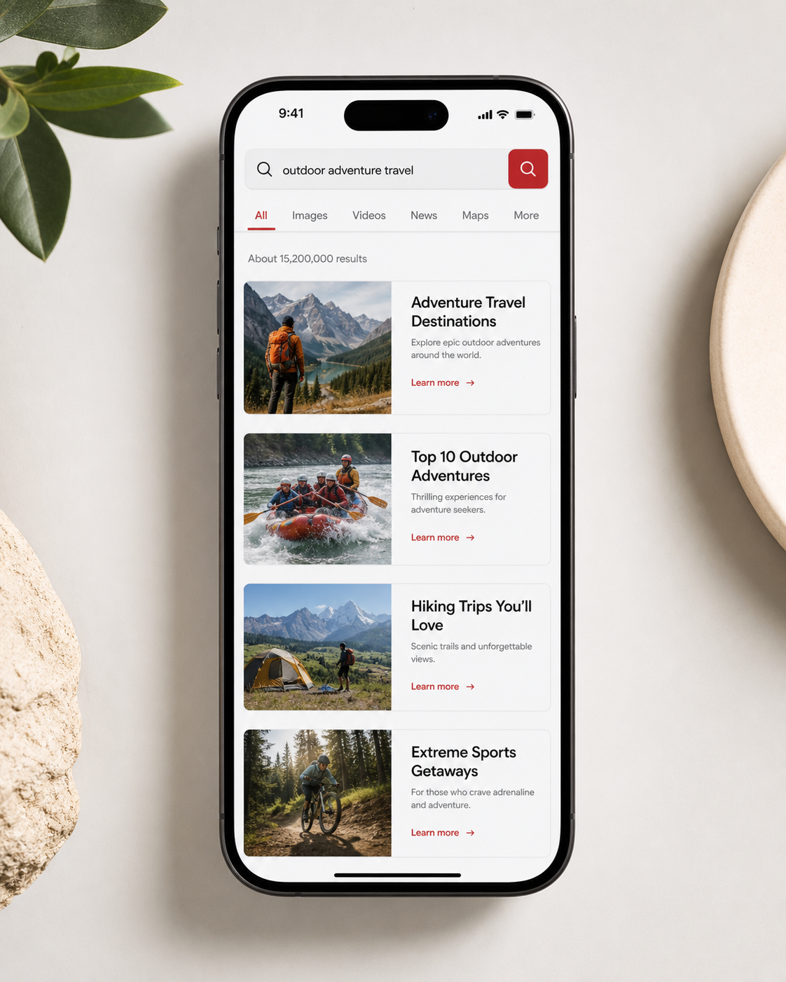 Complete smartphone showing search results