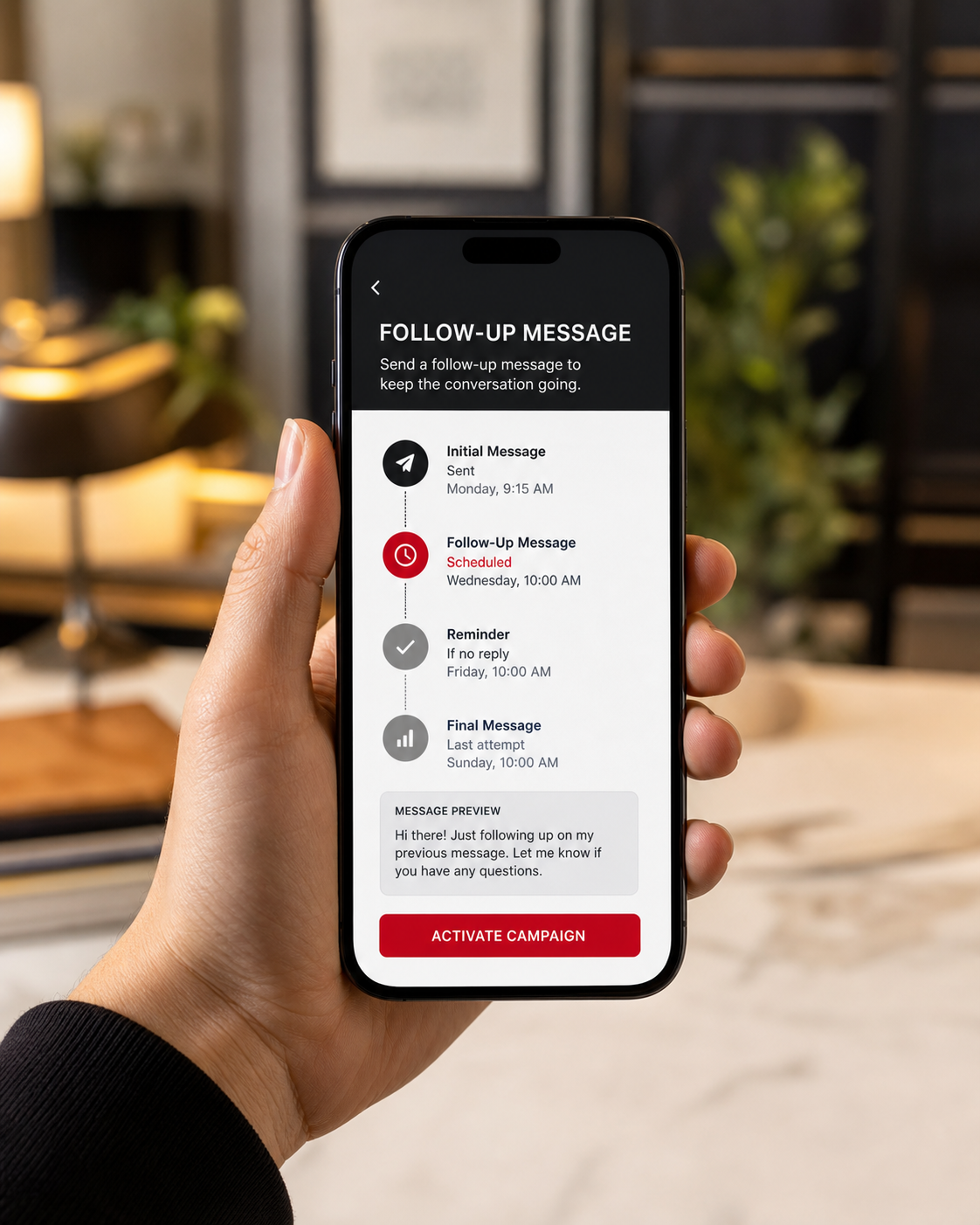 Complete phone showing AI-assisted prospect follow-up