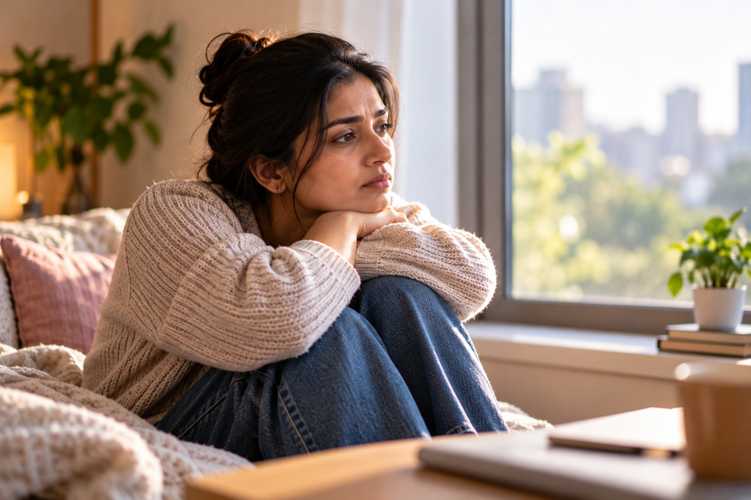 A woman sitting quietly with her thoughts