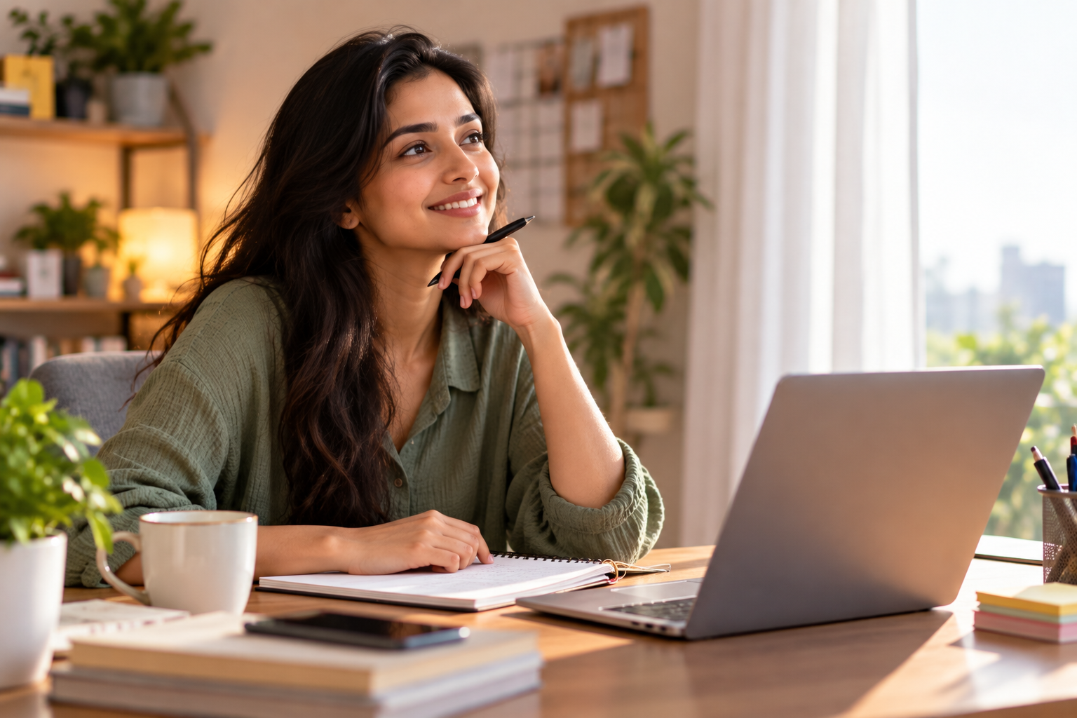 Desk with laptop and notebook for writing an income plan