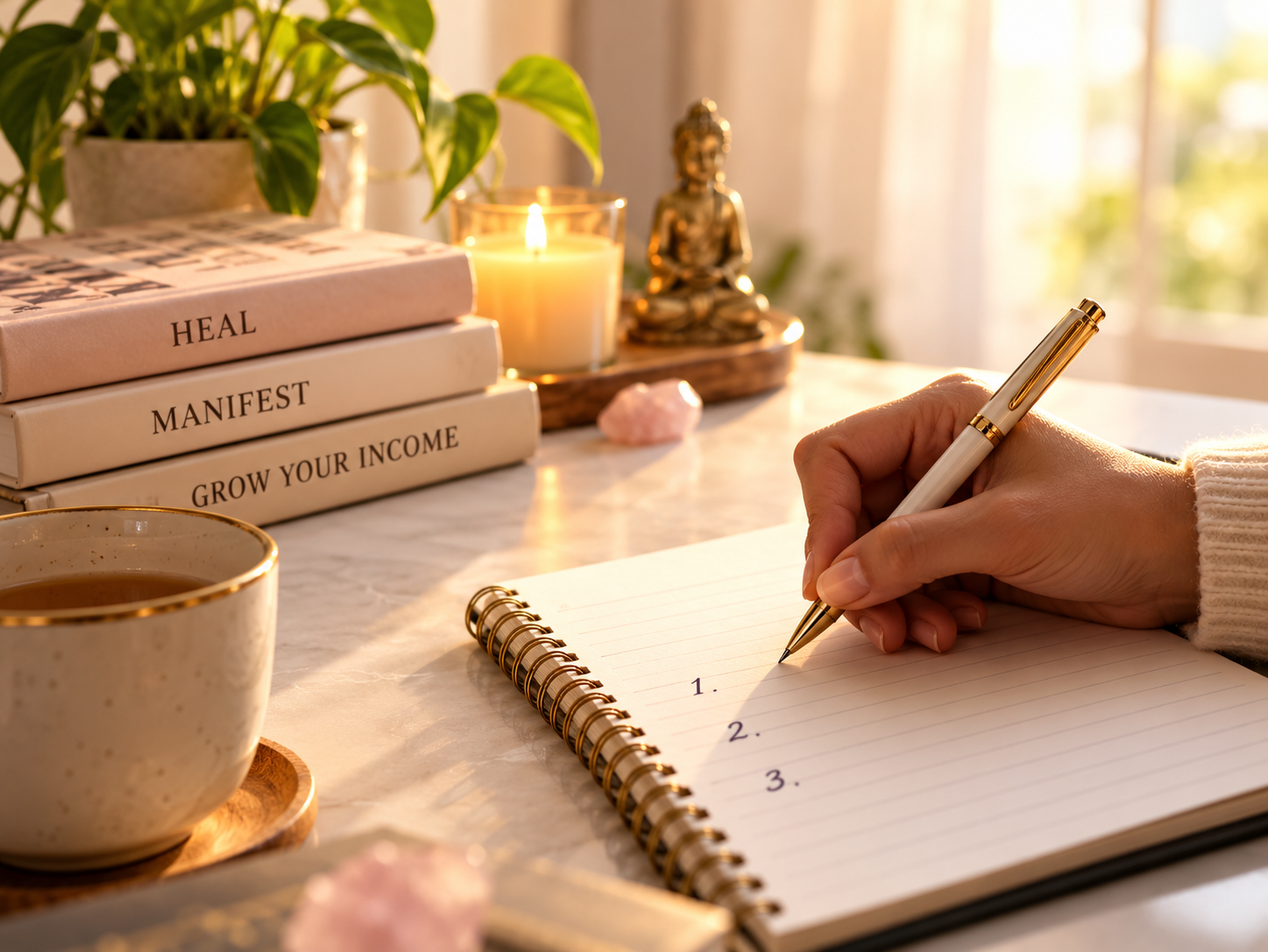 A hand writing in a notebook beside a book