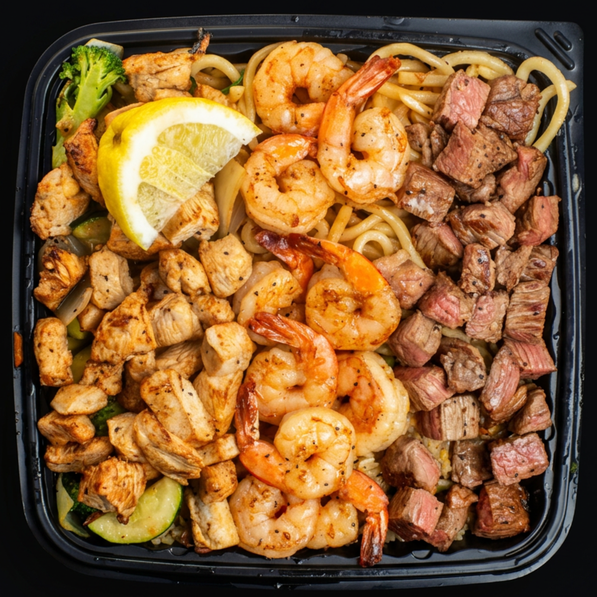 The Trio — chicken, steak, and shrimp on one plate