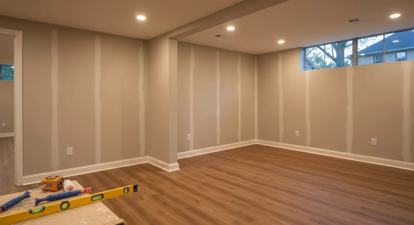 Finished basement with flooring and paint