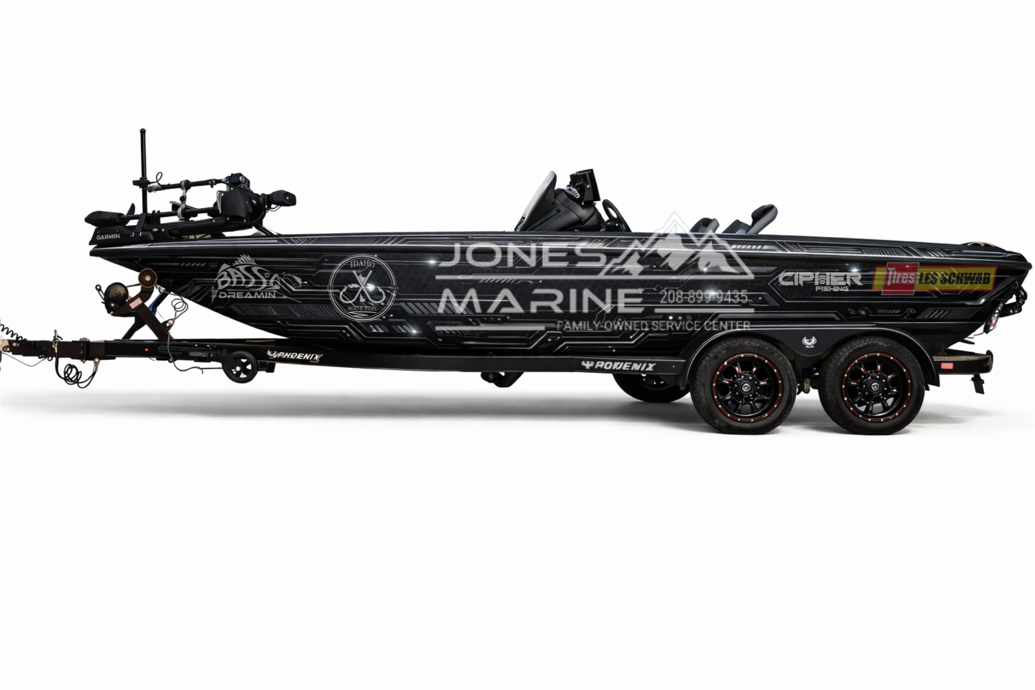 Sam's wrapped bass boat on its trailer with logo placement zones marked
