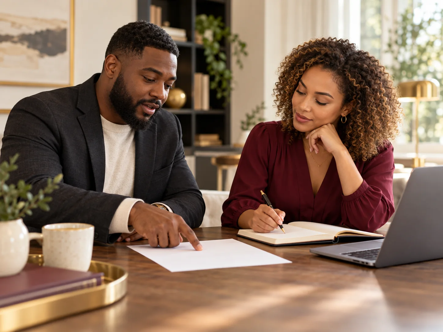 A consultant reviewing paperwork with a client