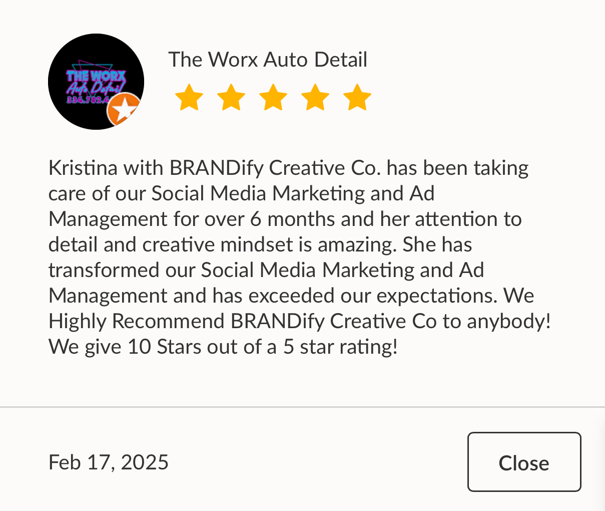 Google review from Ashley Wiliams for BRANDify Creative Marketing