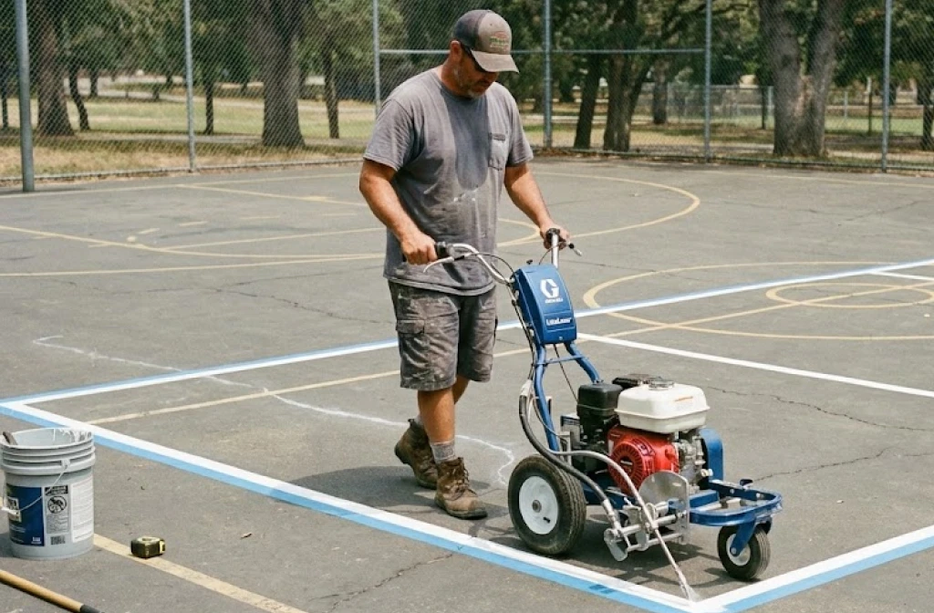 Professional contractor painting white pickleball lines on an outdoor basketball court Professional contractor painting white pickleball lines on an outdoor basketball court