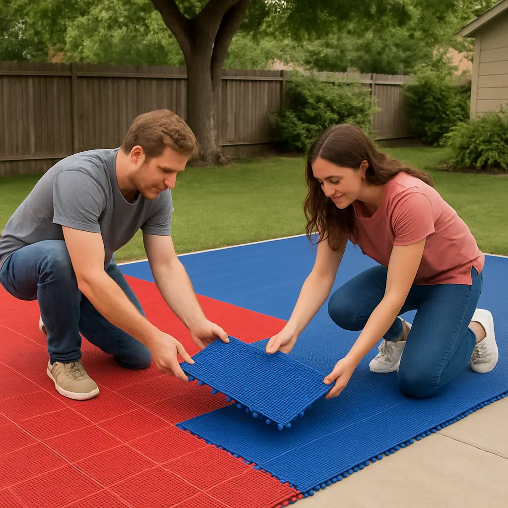 image of a modular tile for pickleball court being installed image of a modular tile for pickleball court being installed