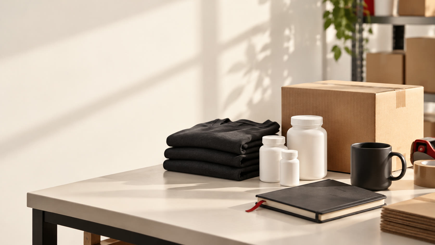 Editorial arrangement of supplement bottles, folded apparel, finished merchandise and a shipping carton on a fulfillment worktable