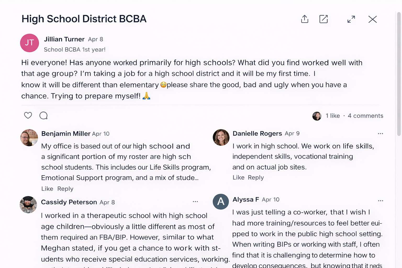 Community thread about working in a high school district as a BCBA