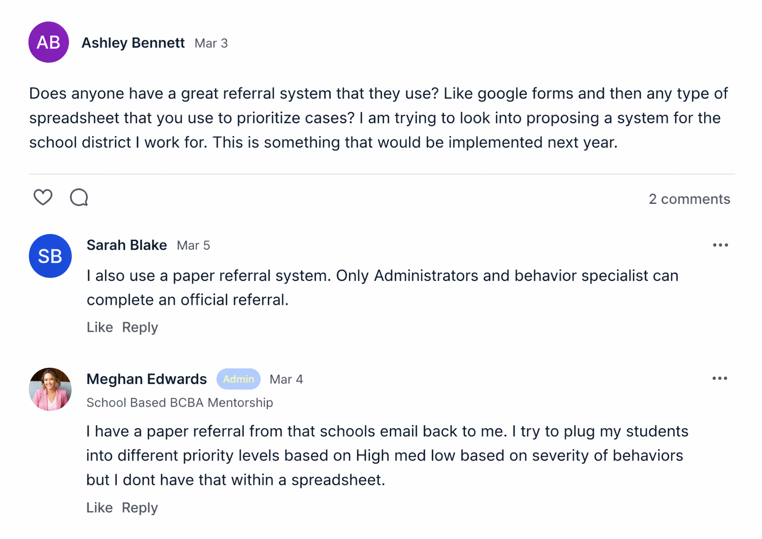Community thread about building a referral system for the district