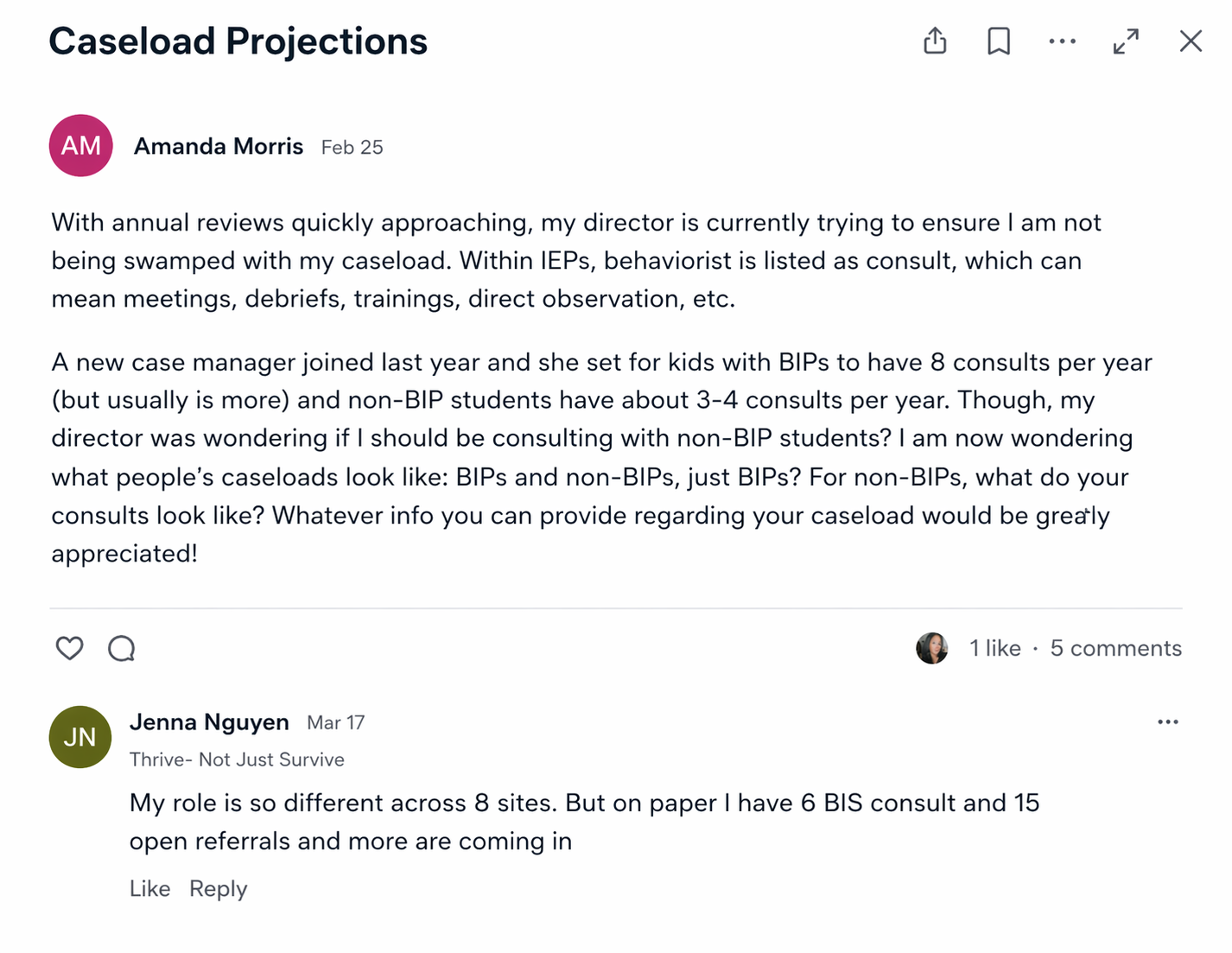 Community thread with Meghan (admin) responding to caseload questions