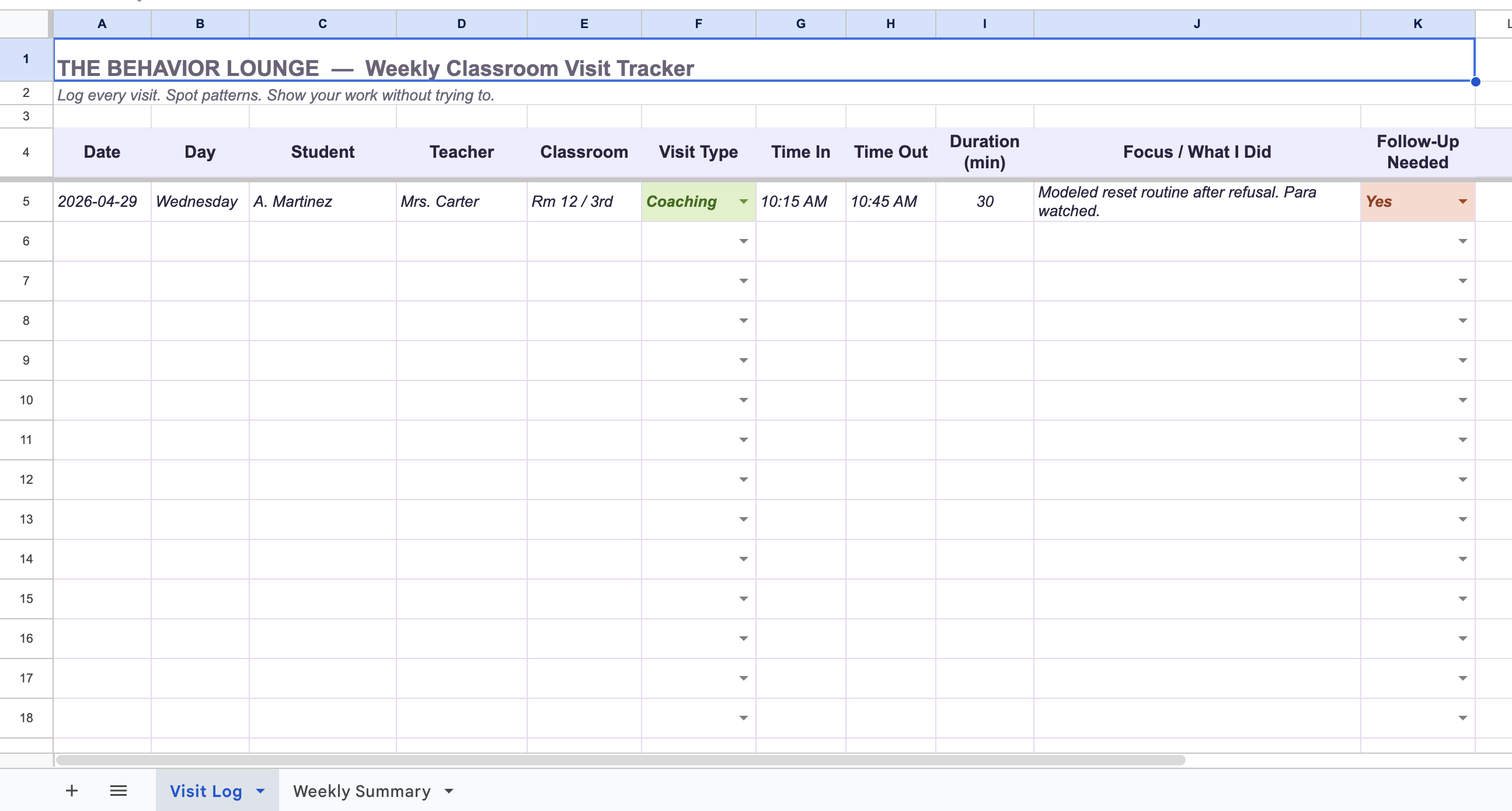 Weekly Classroom Visit Tracker preview