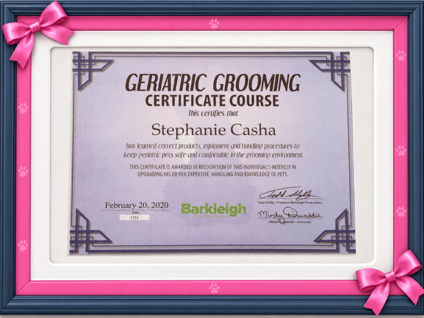 Geriatric Grooming Certificate Course completion certificate