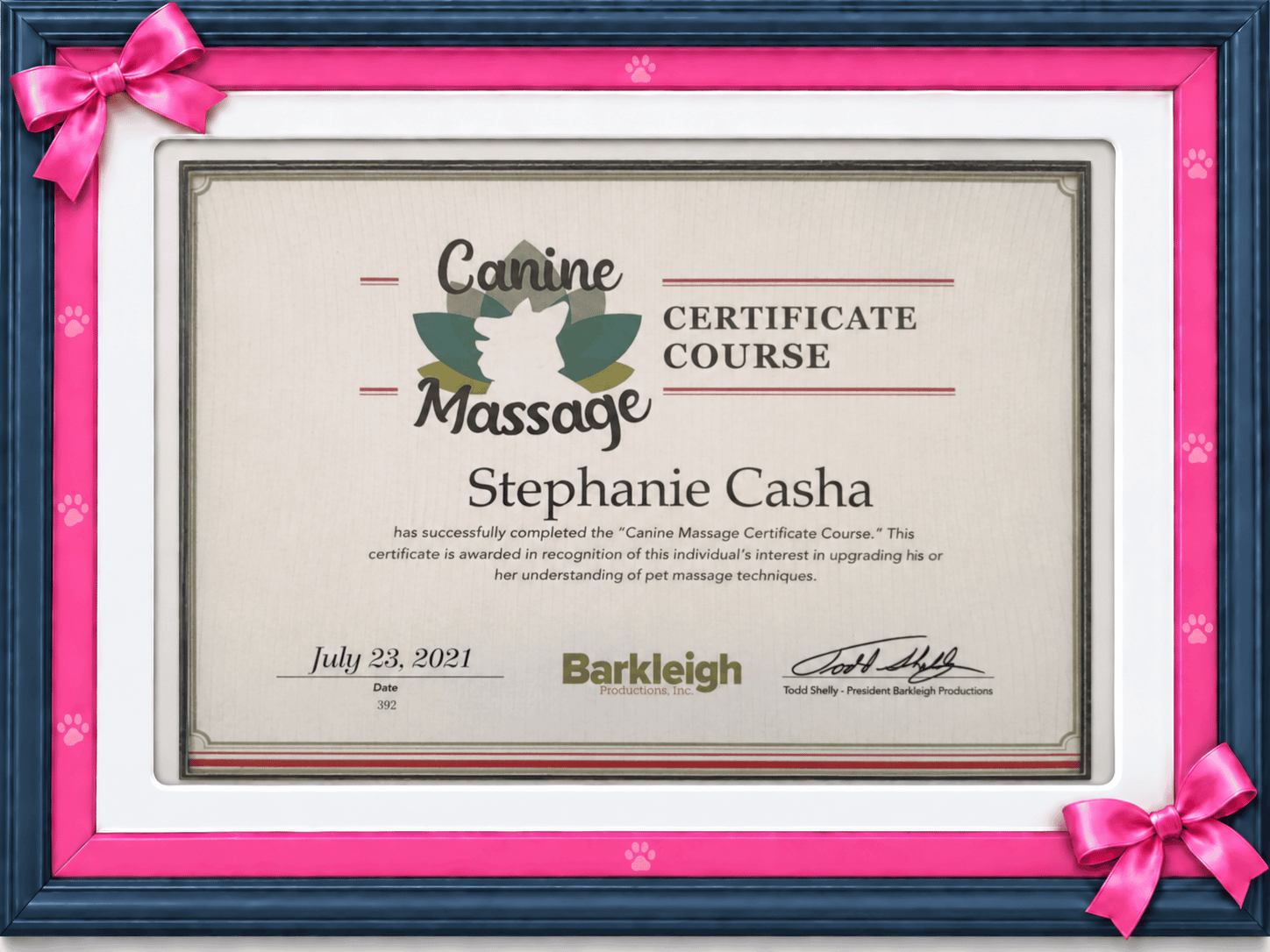 Canine Massage Certificate Course completion certificate