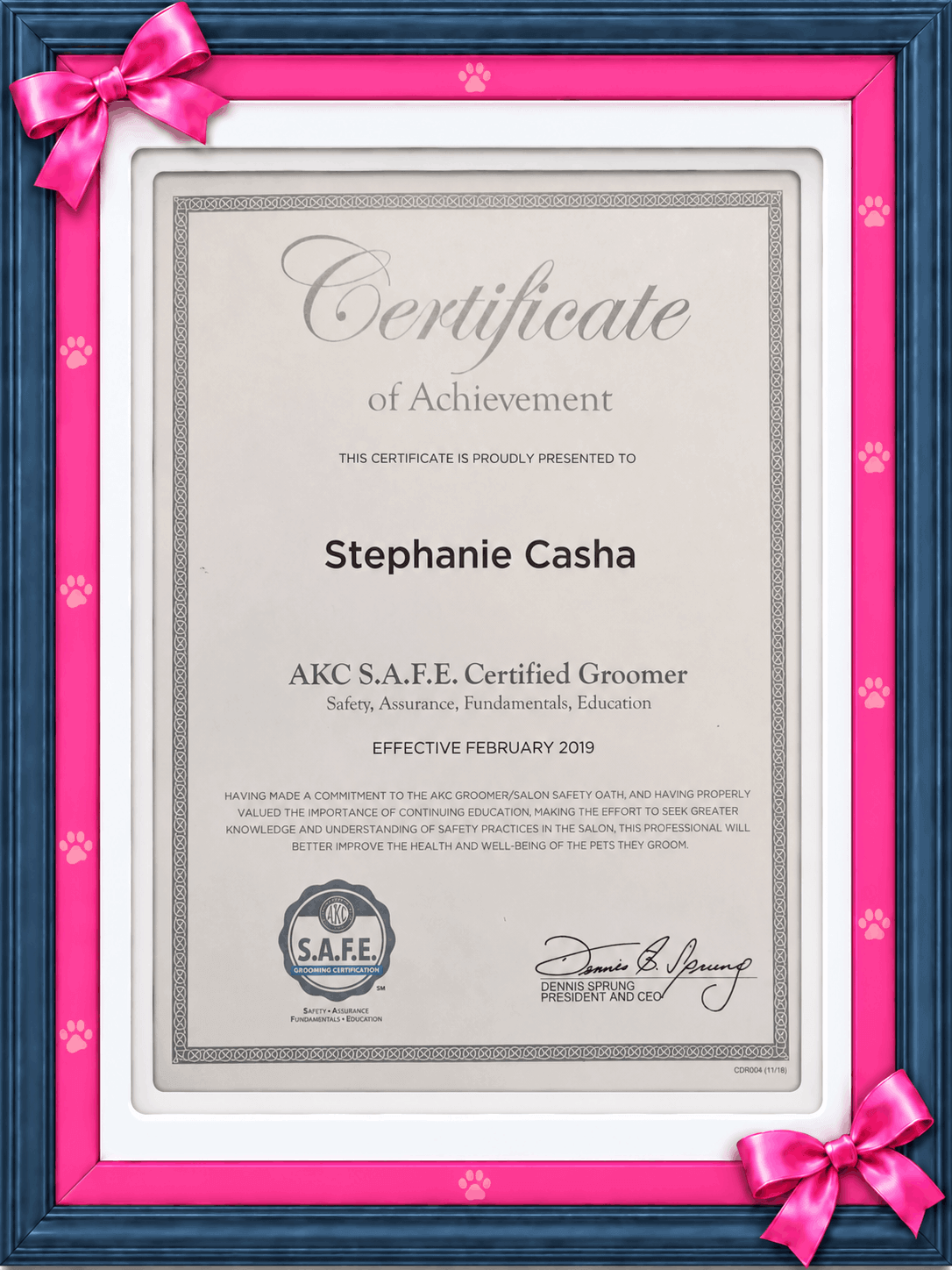 AKC S.A.F.E. Certified Groomer Certificate of Achievement