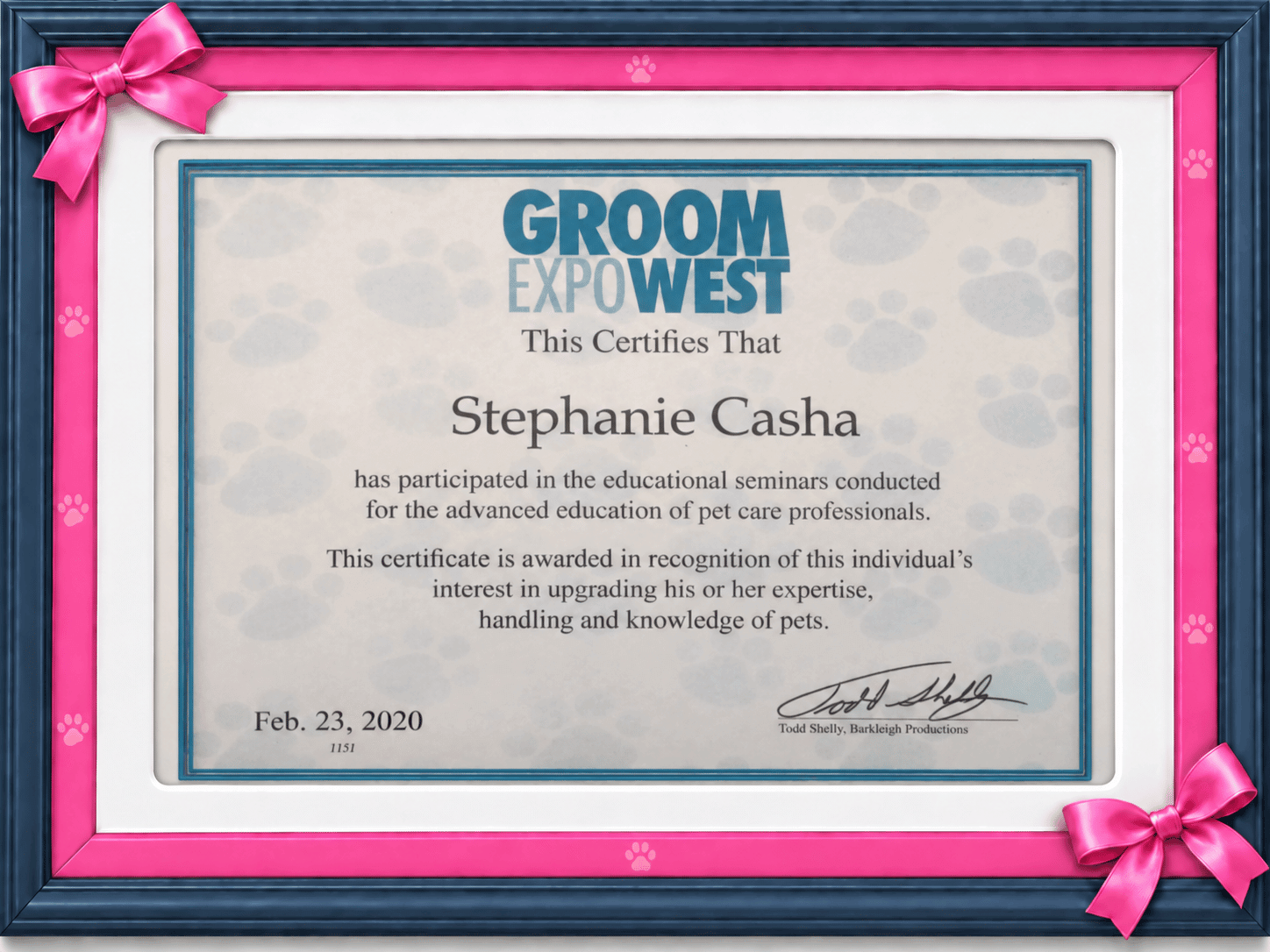 Groom Expo West continuing education certificate for Stephanie Casha