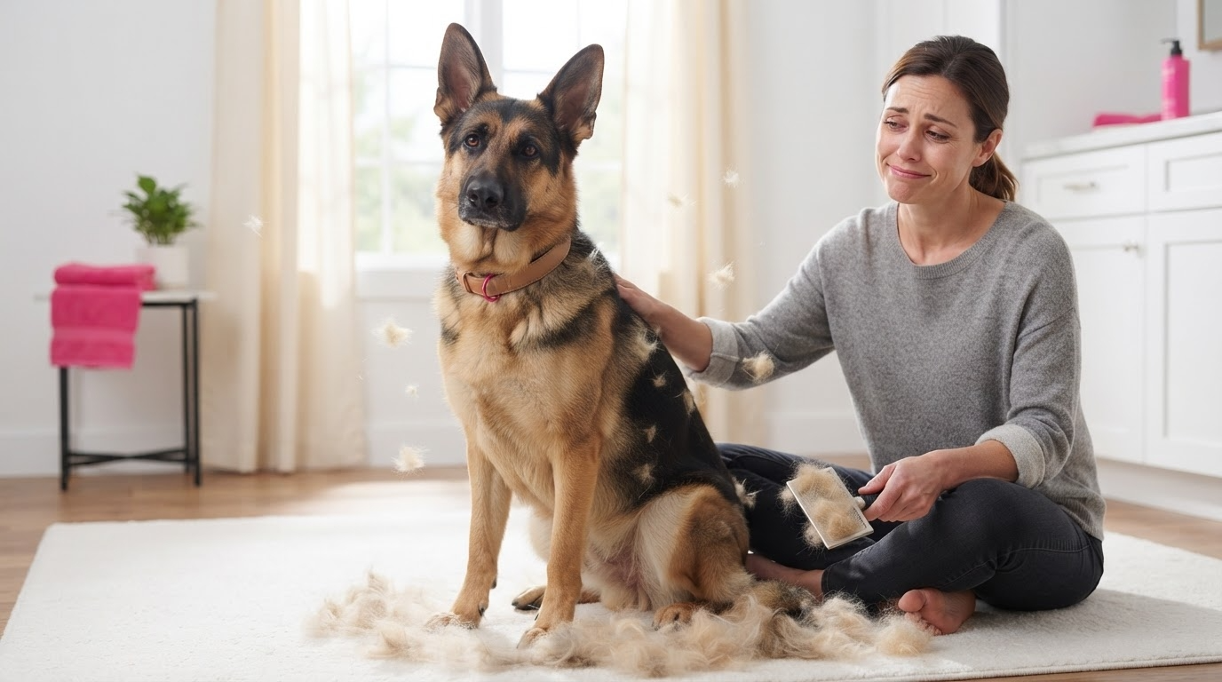 Double-coated dog being brushed to remove loose undercoat at home