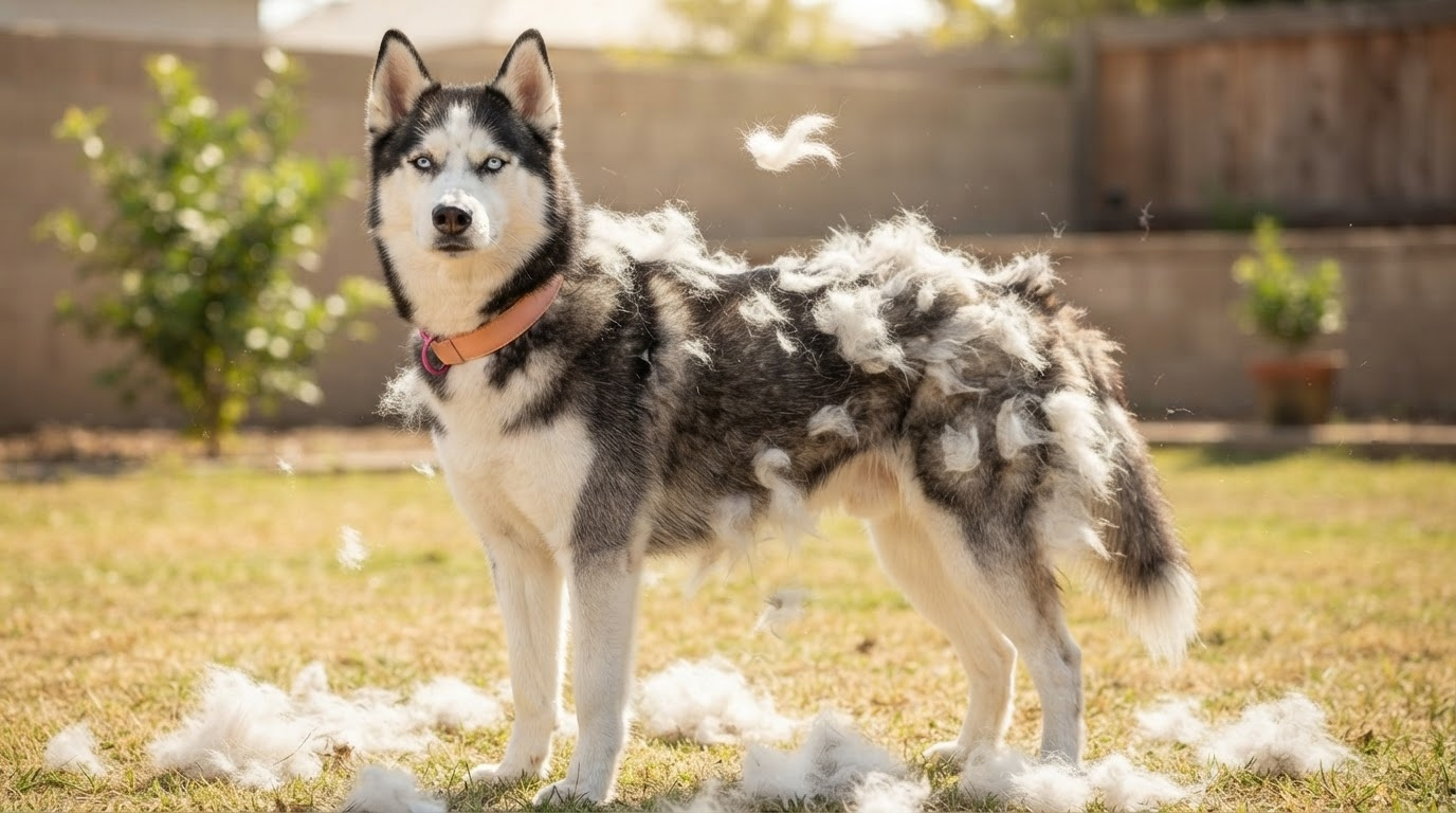 Dog showing signs of needing professional deshedding treatment with loose undercoat