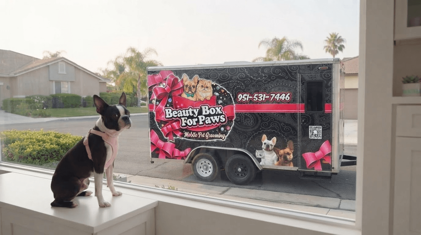 Dog being groomed at a Jurupa Valley salon versus mobile grooming at home