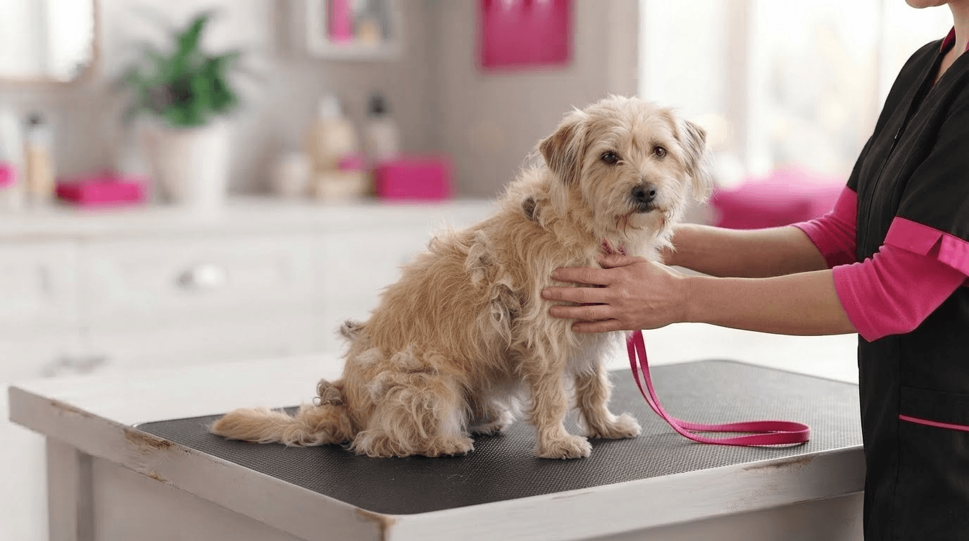 Dog with matted, tangled coat that needs a full groom instead of a bath and tidy