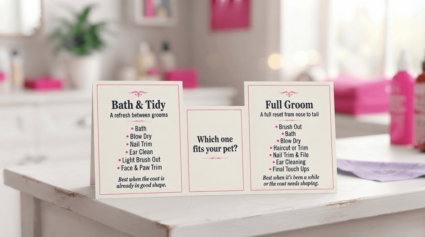 Comparison of a bath and tidy versus a full groom for a dog in Jurupa Valley