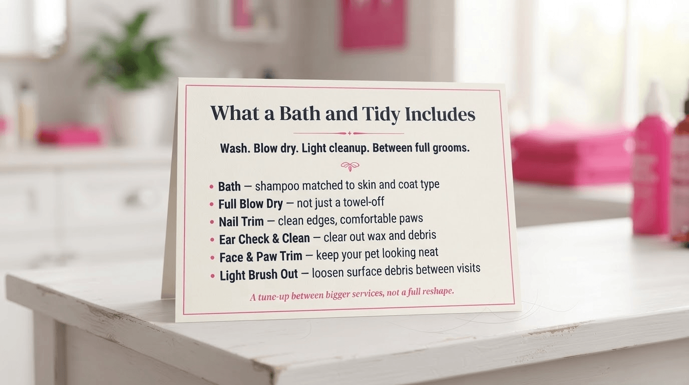 Dog receiving a bath and tidy with blow dry, nail trim, and face trim at Beauty Box For Paws Jurupa Valley
