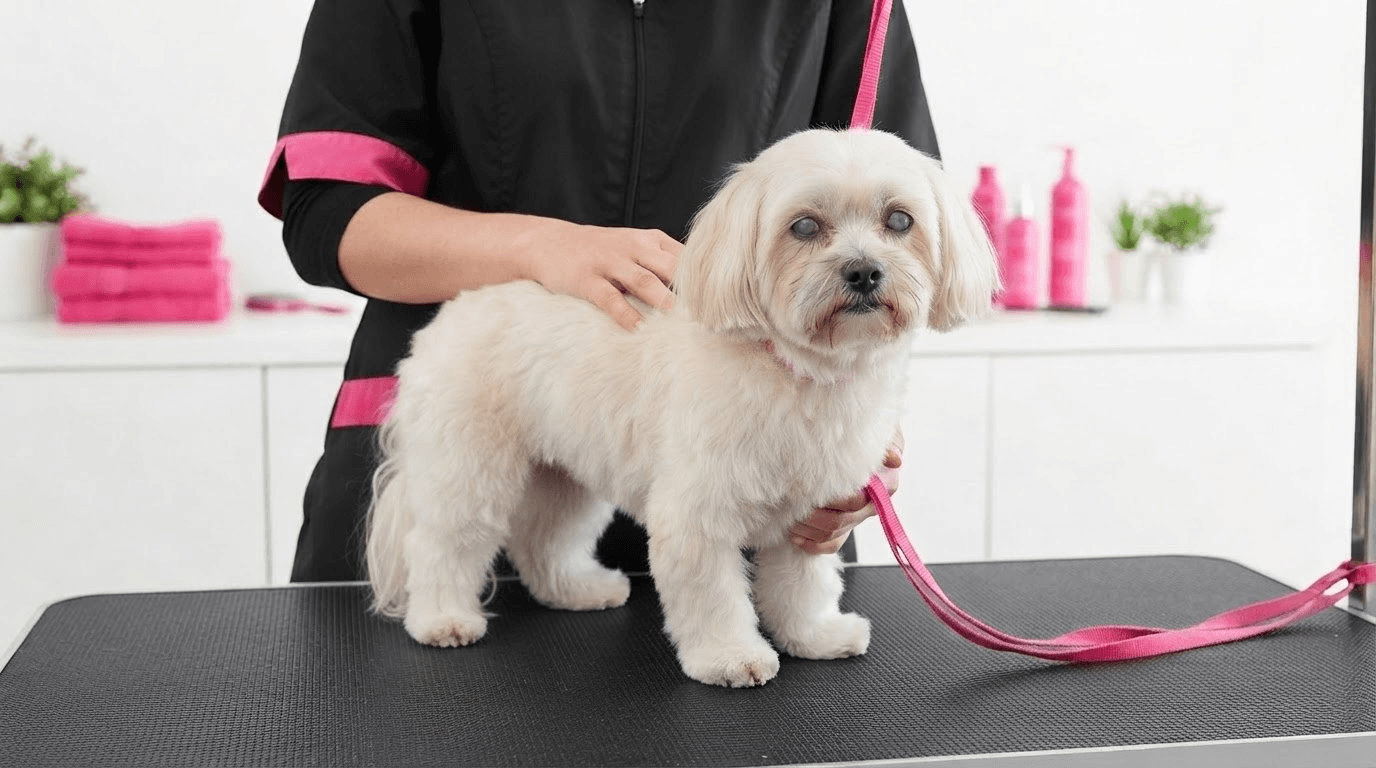 Groomer providing patient, gentle handling for a nervous or senior pet during a full groom