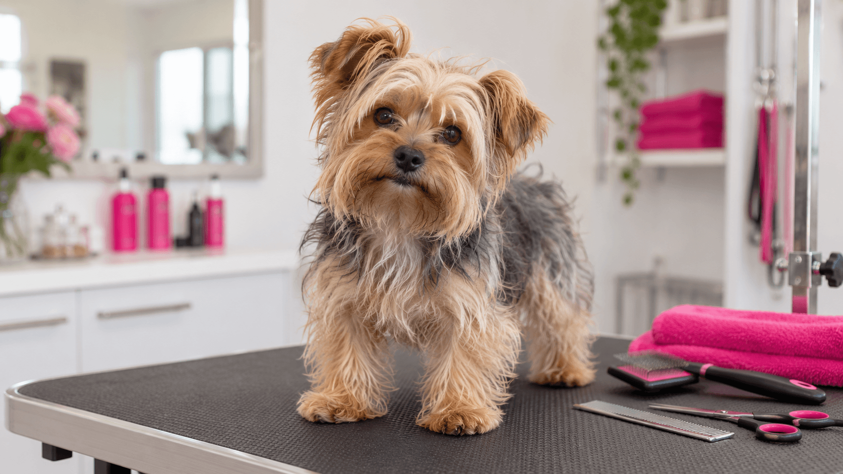Dog showing signs of needing a full groom, with matted and overgrown coat