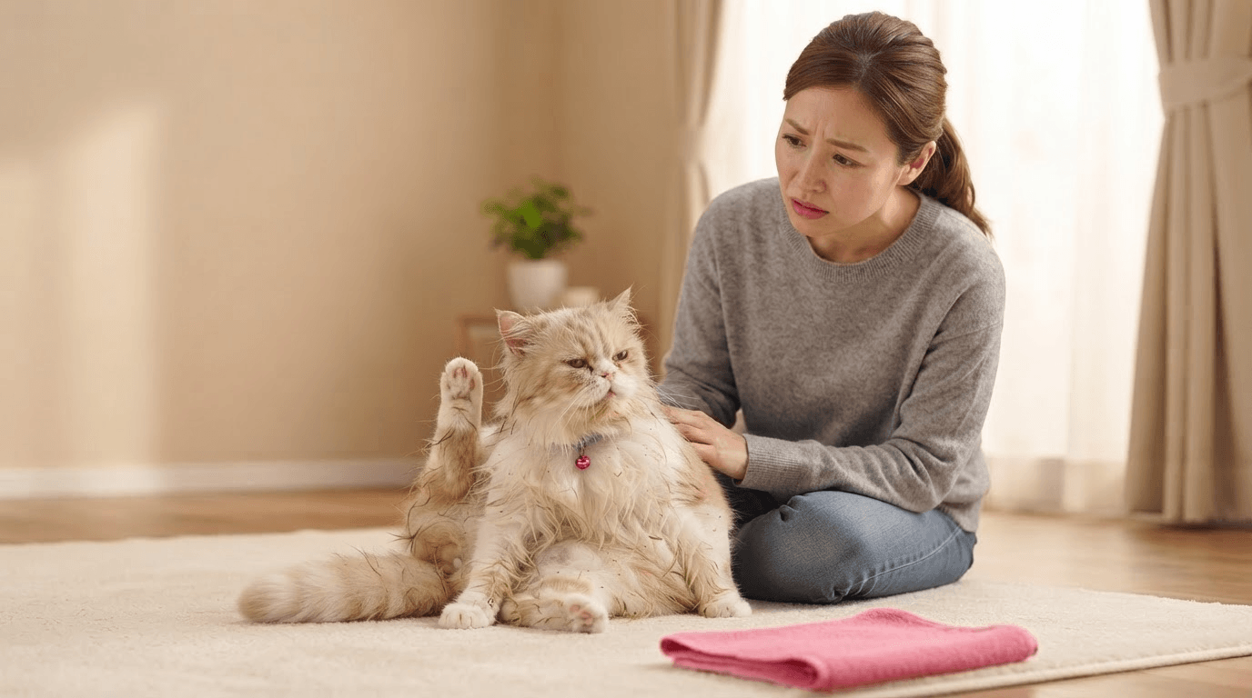 Cat showing signs of matting behind the ears and armpits needing professional grooming attention