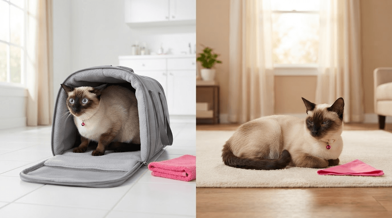 Nervous cat staying calm during mobile grooming at home