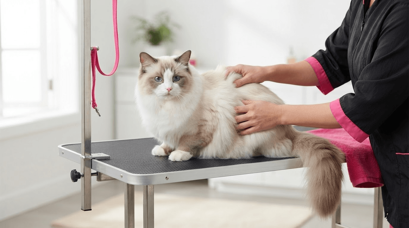 Cat receiving a calm, step-by-step grooming appointment with gentle handling