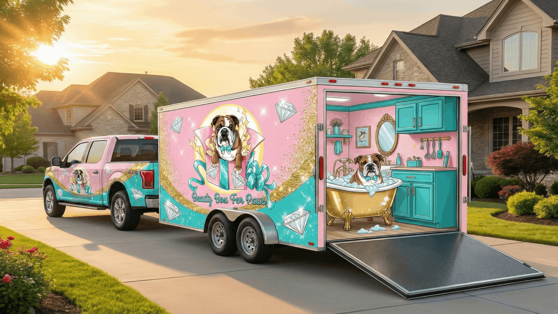 Mobile pet grooming van at a Riverside home