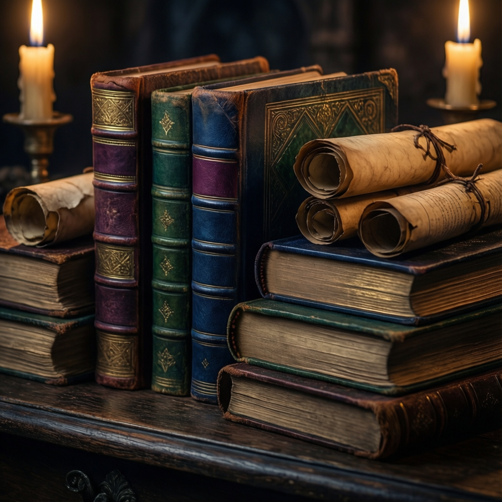 Ancient astrological texts and scrolls by candlelight