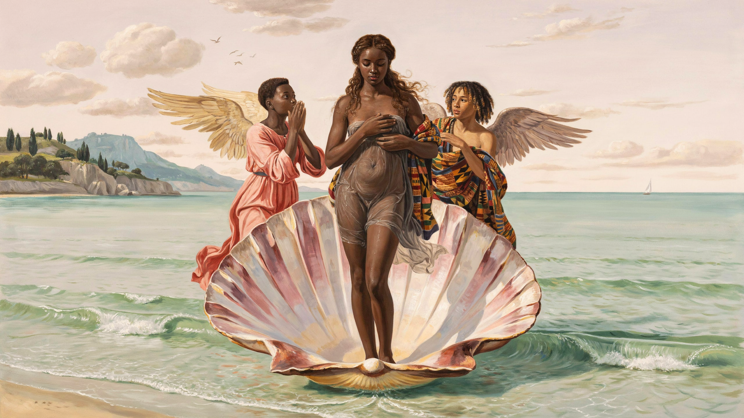 A painted reimagining of the birth of Venus, showing a Black Venus standing in an open scallop shell at the shoreline, flanked by two winged figures in coral and kente cloth against a pale sea and sky.