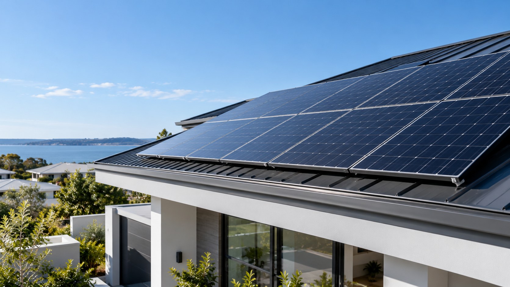 Solar panels on a Sydney home roof under a clear blue sky