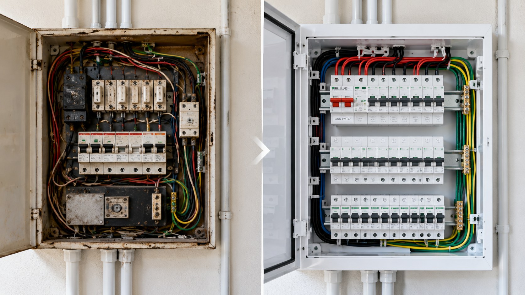 Old rusty switchboard replaced with a new tidy switchboard