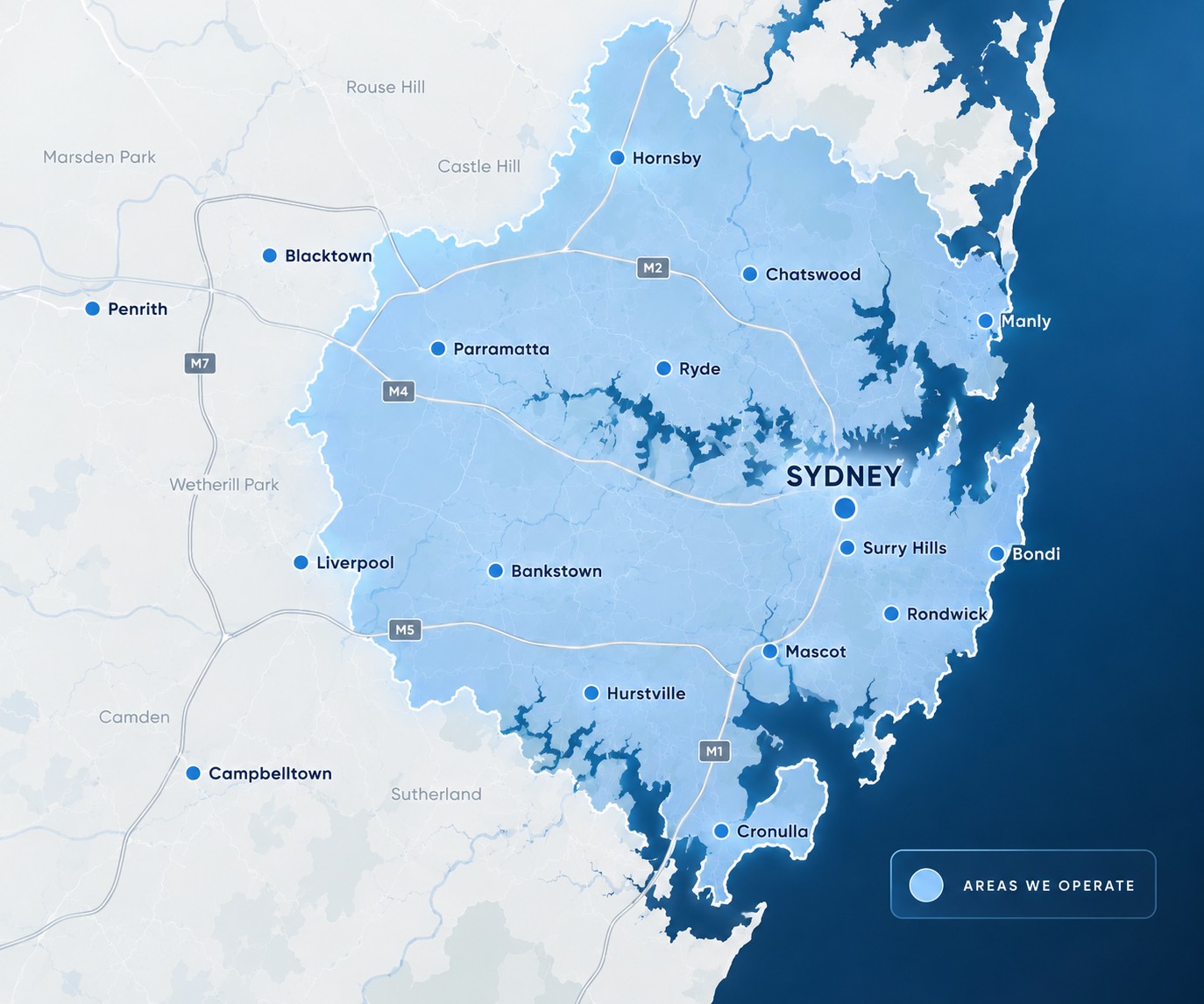 Map of Sydney showing the areas G & G Multi Services operates in