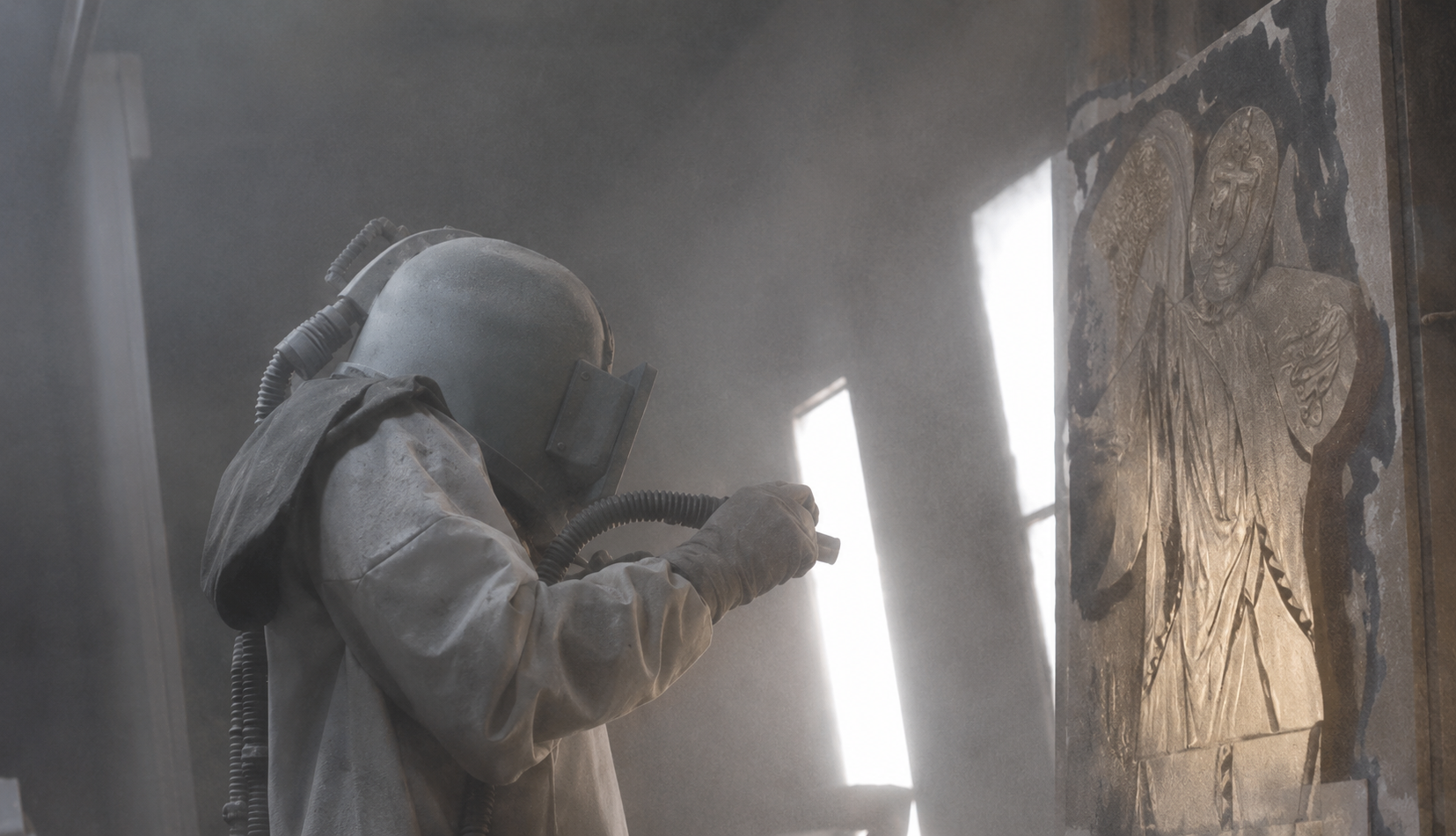 Deep-carved sandblasted glass