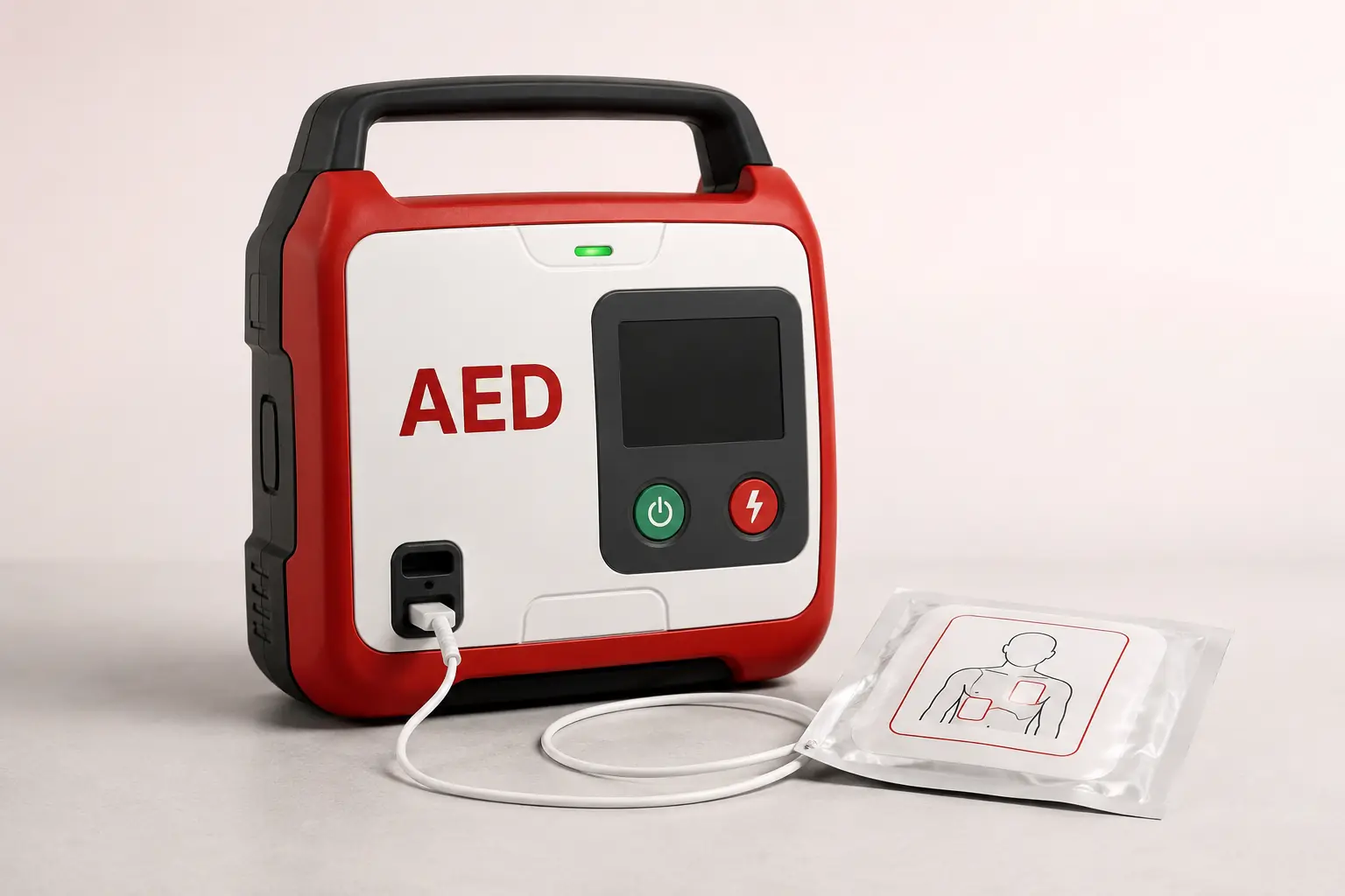 Premium automated external defibrillator with electrode pads ready for emergency use