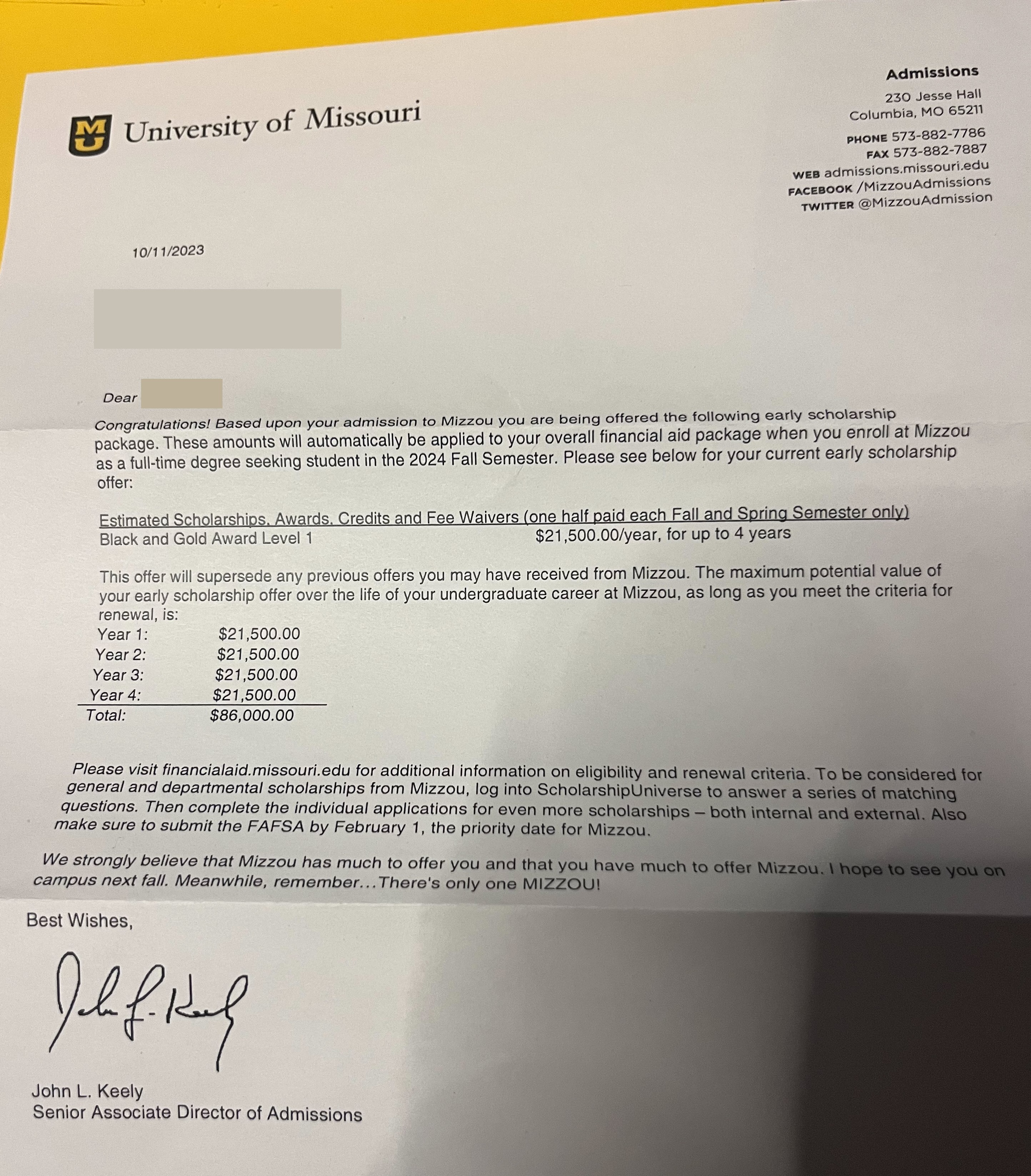 University of Missouri scholarship award letter
